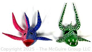 Two (2) Miniature Puerto Rican Paper Mache Vejigante Carnival Masks