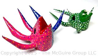 Two (2) Miniature Puerto Rican Paper Mache Vejigante Carnival Masks