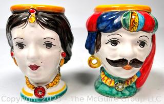 Two (2) Small Sicilian Ceramica di Caltagirone Moorish Heads Vases