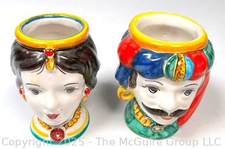 Two (2) Small Sicilian Ceramica di Caltagirone Moorish Heads Vases