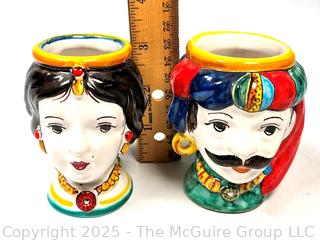 Two (2) Small Sicilian Ceramica di Caltagirone Moorish Heads Vases