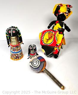 African Folk Art Including Ndebele Beaded Ceremonial Doll and Haitian Voodoo Sequined Maraca 