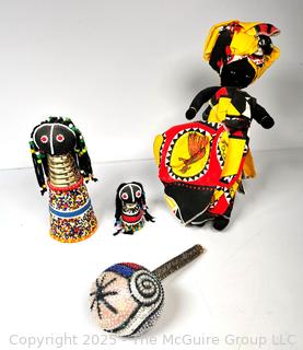 African Folk Art Including Ndebele Beaded Ceremonial Doll and Haitian Voodoo Sequined Maraca 