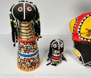 African Folk Art Including Ndebele Beaded Ceremonial Doll and Haitian Voodoo Sequined Maraca 