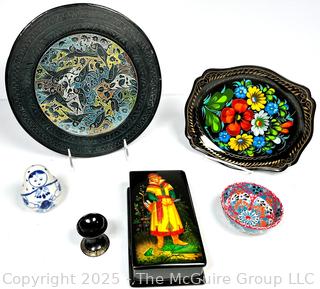 Decorative Items Including Russian Zhostovo Toleware Tray and Russian Lacquer Box