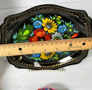 Decorative Items Including Russian Zhostovo Toleware Tray and Russian Lacquer Box