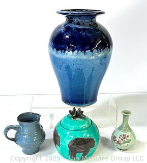 Four (4) Pieces of Pottery Including Blue Glazed Vase Signed by Artist