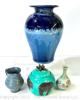 Four (4) Pieces of Pottery Including Blue Glazed Vase Signed by Artist
