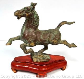 Reproduction Cast Bronze Gansu  Flying Horse Statue on Wood Base
