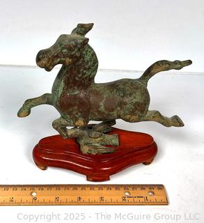 Reproduction Cast Bronze Gansu  Flying Horse Statue on Wood Base