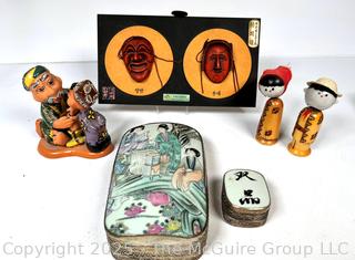 Asian Decorative Items Including Porcelain Lid Boxes, Japanese Kokeshi Dolls, Figurine and Plaque