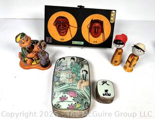 Asian Decorative Items Including Porcelain Lid Boxes, Japanese Kokeshi Dolls, Figurine and Plaque