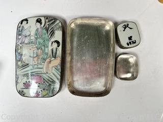 Asian Decorative Items Including Porcelain Lid Boxes, Japanese Kokeshi Dolls, Figurine and Plaque