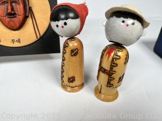 Asian Decorative Items Including Porcelain Lid Boxes, Japanese Kokeshi Dolls, Figurine and Plaque