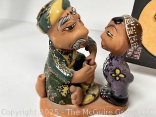 Asian Decorative Items Including Porcelain Lid Boxes, Japanese Kokeshi Dolls, Figurine and Plaque