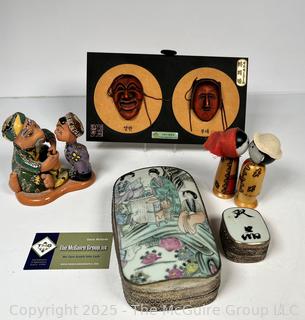 Asian Decorative Items Including Porcelain Lid Boxes, Japanese Kokeshi Dolls, Figurine and Plaque
