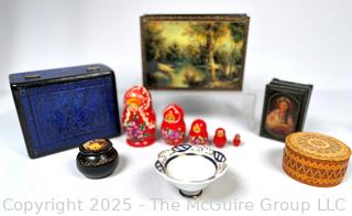 Group Including Russian Matryoshka Nesting Dolls, Lacquer Boxes and Carved Trinket Box.