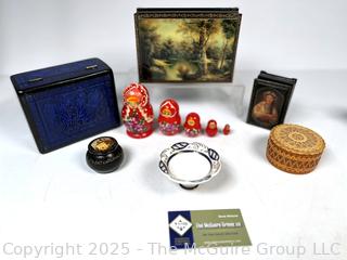 Group Including Russian Matryoshka Nesting Dolls, Lacquer Boxes and Carved Trinket Box.