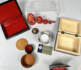 Group Including Russian Matryoshka Nesting Dolls, Lacquer Boxes and Carved Trinket Box.