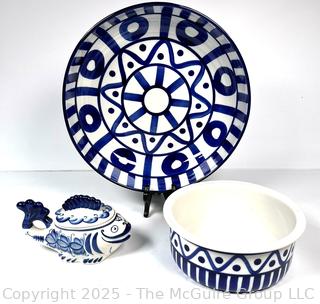 Three (3) Blue and White Porcelain Serving Items Including Dansk and Gzhel from Russian 