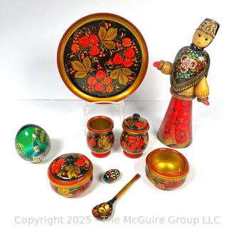 Collection of Russian Folk Art Souvenirs, Including Khokhloma Lacquer Painted Wood Tray and Canisters.