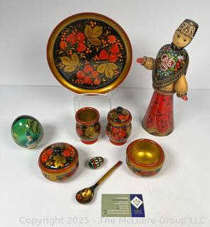 Collection of Russian Folk Art Souvenirs, Including Khokhloma Lacquer Painted Wood Tray and Canisters.