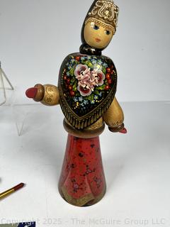 Collection of Russian Folk Art Souvenirs, Including Khokhloma Lacquer Painted Wood Tray and Canisters.