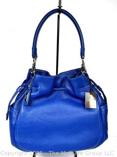 Cole Haan Denney Drawstring Blue Pebbled Leather Handbag, New with Tags and Felt Cover