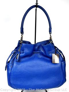 Cole Haan Denney Drawstring Blue Pebbled Leather Handbag, New with Tags and Felt Cover