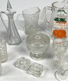 Collection of Glassware Including Bartlett Collins Mid Century Orange Crush Glass Juice Pitcher
