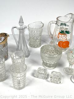Collection of Glassware Including Bartlett Collins Mid Century Orange Crush Glass Juice Pitcher