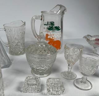 Collection of Glassware Including Bartlett Collins Mid Century Orange Crush Glass Juice Pitcher