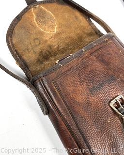 Leather Hunting Pouch Stamped Maires with Pewter Flask and Hunting Knife with Horn Handle