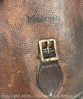 Leather Hunting Pouch Stamped Maires with Pewter Flask and Hunting Knife with Horn Handle