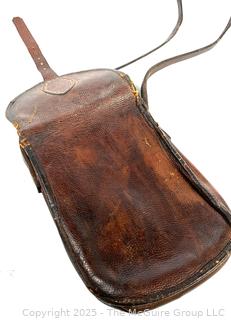 Leather Hunting Pouch Stamped Maires with Pewter Flask and Hunting Knife with Horn Handle