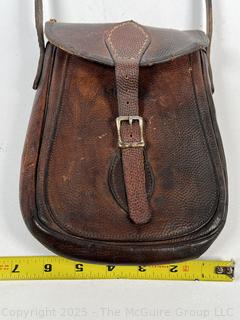 Leather Hunting Pouch Stamped Maires with Pewter Flask and Hunting Knife with Horn Handle