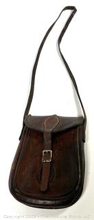 Leather Hunting Pouch Stamped Maires with Pewter Flask and Hunting Knife with Horn Handle