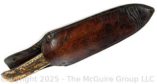 Leather Hunting Pouch Stamped Maires with Pewter Flask and Hunting Knife with Horn Handle