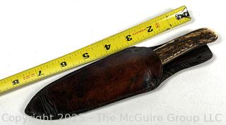 Leather Hunting Pouch Stamped Maires with Pewter Flask and Hunting Knife with Horn Handle