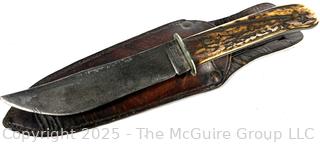 Leather Hunting Pouch Stamped Maires with Pewter Flask and Hunting Knife with Horn Handle