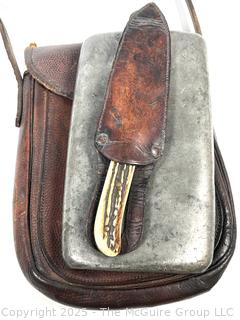 Leather Hunting Pouch Stamped Maires with Pewter Flask and Hunting Knife with Horn Handle