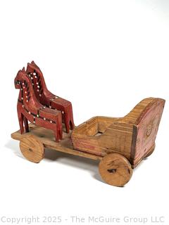 Primitive Folk Art Painted Polish Rolling Horse Drawn Cart Toy