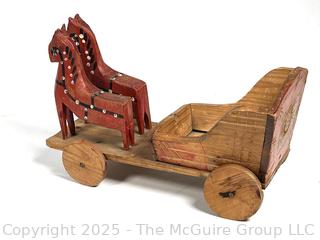 Primitive Folk Art Painted Polish Rolling Horse Drawn Cart Toy