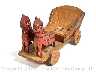 Primitive Folk Art Painted Polish Rolling Horse Drawn Cart Toy