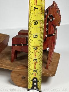 Primitive Folk Art Painted Polish Rolling Horse Drawn Cart Toy