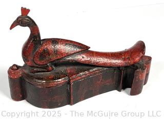 Red Primitive Hand Carved Wooden Peacock Tikka Box.  