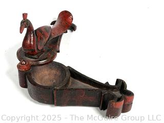 Red Primitive Hand Carved Wooden Peacock Tikka Box.  