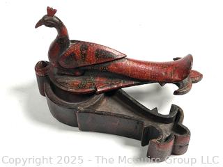 Red Primitive Hand Carved Wooden Peacock Tikka Box.  