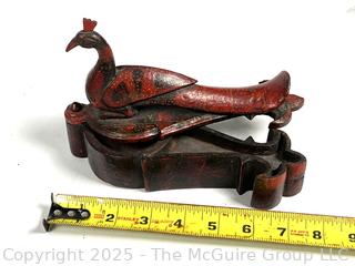 Red Primitive Hand Carved Wooden Peacock Tikka Box.  