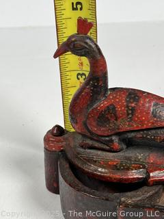 Red Primitive Hand Carved Wooden Peacock Tikka Box.  